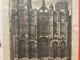a drawing of a large cathedral with a clock on it