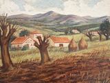 une peinture à l'huile représentant une scène de campagne avec des meules de foin au premier plan et des arbres au premier plan