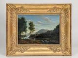an oil painting of a landscape with a river in the foreground and trees in the foreground