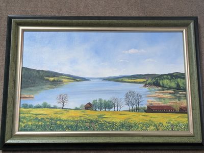 painting of a lake with a house and trees in the foreground
