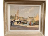 an image of a painting of a harbor scene with people and boats