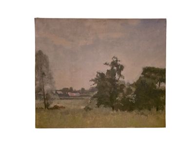 tableau représentant un champ avec des arbres et une grange au loin