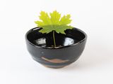 un petit bol noir contenant une feuille verte