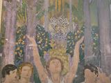 a painting of a woman holding a bunch of flowers in her hands