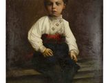 un vieux tableau représentant un jeune garçon assis sur un rebord