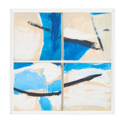 quatre peintures abstraites représentant des formes bleues et blanches sur fond blanc