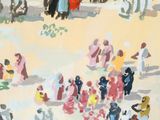 une peinture représentant un groupe de personnes sur la plage