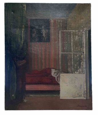 un tableau représentant un homme endormi sur un lit dans une chambre