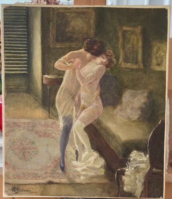 un tableau représentant une femme debout devant un lit