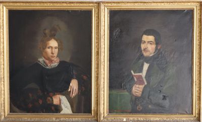 two portraits of a man and a woman, one holding a book and the other holding a book
