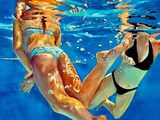 painting of two women in bikinis swimming under water in a pool