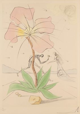 dessin représentant une fleur, avec un homme à l'arrière-plan et une femme au premier plan