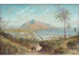 a painting of a view of a beach with palm trees and a mountain in the background