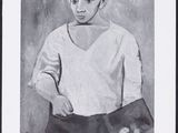 a black and white drawing of a man in a white shirt