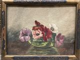 a painting of flowers in a green vase on a table