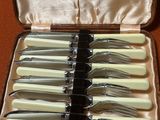 six fourchettes et un couteau dans un étui posé sur une table