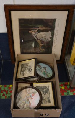 three framed pictures of a woman in a dress in a box