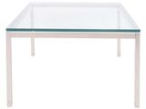 a glass and chrome coffee table with a square glass top