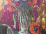 a painting of flowers in a vase on a table