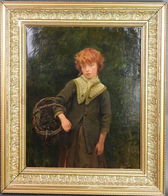 portrait d'un jeune garçon tenant un panier de fleurs, dans un cadre doré