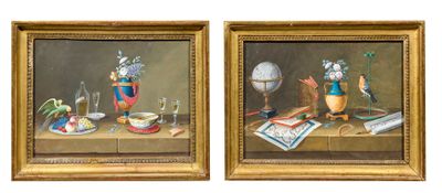une paire de tableaux représentant une nature morte avec un oiseau, un vase, un livre et un verre à vin posés sur une table
