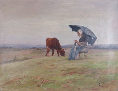 a painting of a woman sitting on a bench with an umbrella over her head and a cow grazing in the background