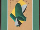 an image of a painting of a green and yellow object on a brown background