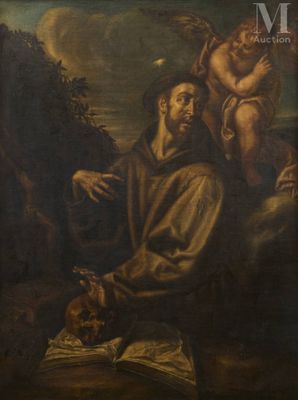 an oil painting of a man sitting on a rock with a dog