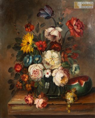 peinture d'une nature morte de fleurs dans un vase sur une table