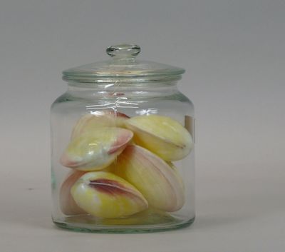 a glass jar filled with peeled fruit on a white surface