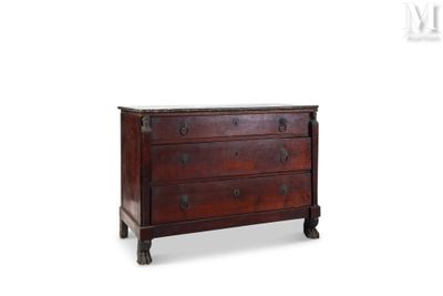 a wooden chest of drawers with three drawers and a marble top