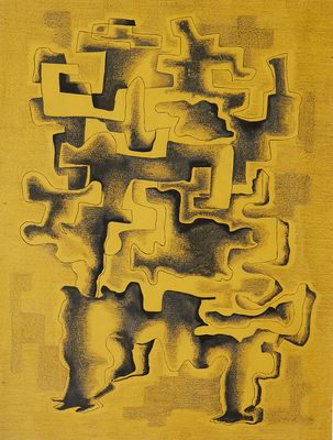 peinture abstraite en jaune et noir représentant un groupe de personnes sur un fond jaune