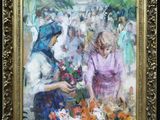 une peinture à l'huile représentant deux femmes dans un jardin fleuri