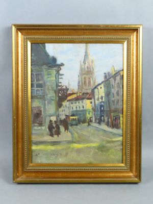 an oil painting of a street scene with a church steeple in the background