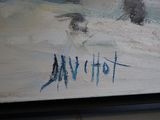 a painting of a person walking in the snow