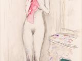 dessin représentant une femme nue, portant un foulard rose, debout devant un miroir
