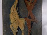 un tableau représentant une girafe et un homme accroché au mur