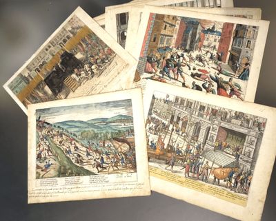 several old books with pictures of people on them sitting on top of a table