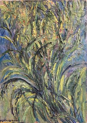 une peinture à l'huile représentant un vase avec des fleurs sur une table