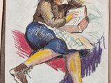 dessin représentant une femme assise sur un banc en train de lire un livre