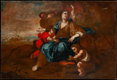 une image d'un tableau représentant une femme tenant un enfant dans ses bras