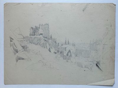 dessin au crayon représentant un château sur une colline, avec une rivière au premier plan