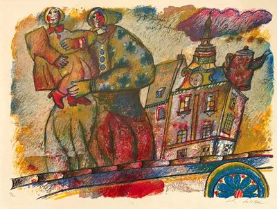 tableau représentant des clowns tirant une charrette, avec un bâtiment en arrière-plan