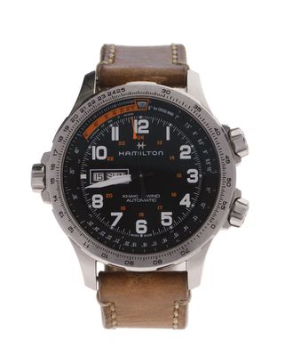 hamilton men ' s watch with brown leather strap and black dial