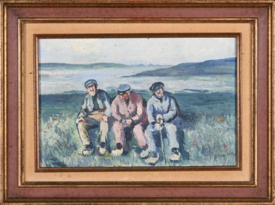 tableau représentant un groupe d'hommes assis au milieu d'un champ recouvert d'herbe