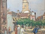 a painting of people walking down the street with umbrellas