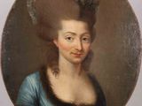 portrait of a lady in a blue dress with a feathered hat