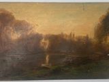 an oil painting of a river scene with a boat in the foreground