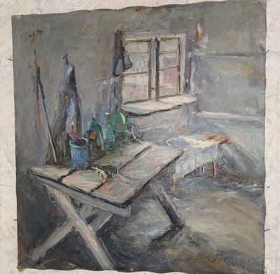 Hans E Sorensen (XXe), Intérieur d'atelier - H/T - signée en…