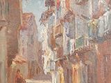 tableau représentant une rue avec du linge étendu à sécher sur une corde à linge